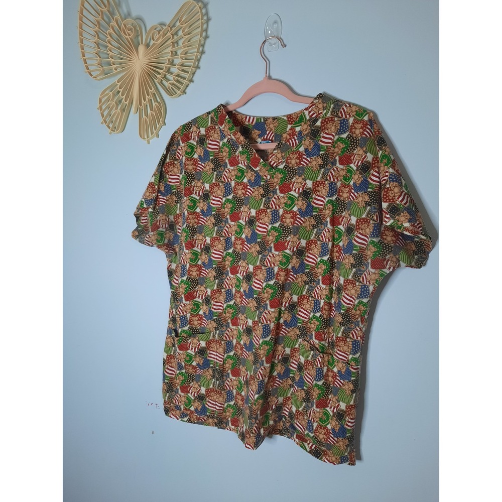 VNTG Visions Patriotic Teddy Bear Scrub Top V-Neck Short Sleeve XL